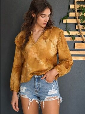 Madewell Tie Dye Ruffle Shoulder Blouse S Boho Viscose Golden Brown Top